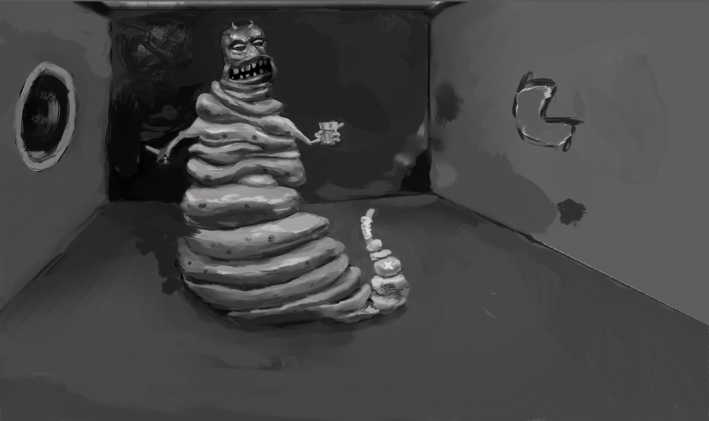 Evil computer worm telling his story.